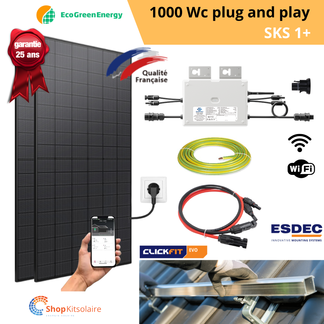 Kit solaire 1000Wc Plug and Play Full Black Bi-verre Eco Green Energy + MO EVT1000 Wifi + Fixation toiture ESDEC, K2 System