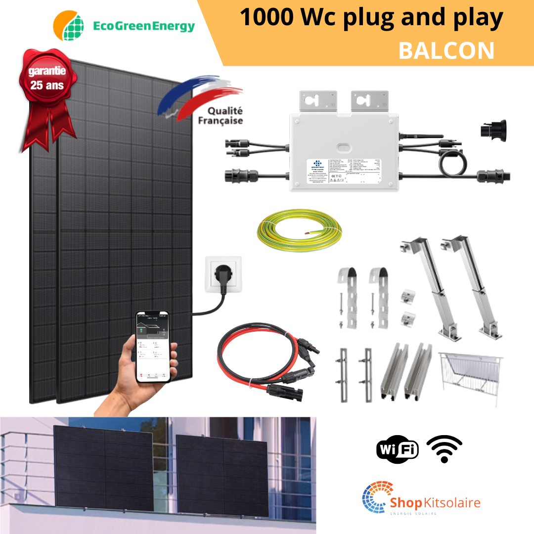 Kit solaire Balcon 1000Wc Full Black Bi-verre Eco Green Energy - Plug and play + MO EVT1000 Wifi