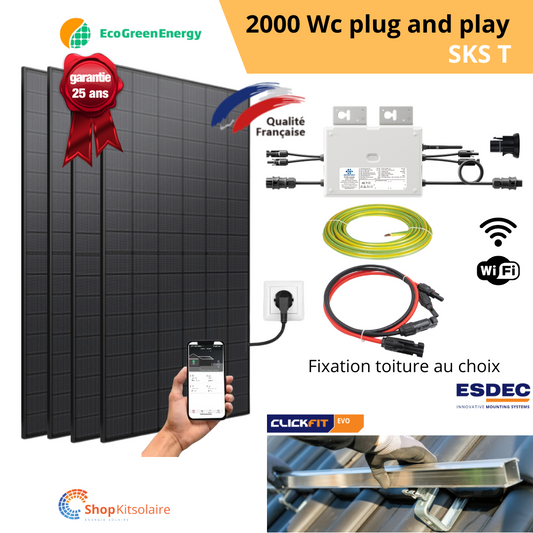 Kit solaire 2000Wc Plug and Play Full Black Bi-verre Eco Green Energy + MO EVT1000 Wifi + Fixation toiture ESDEC, K2 System