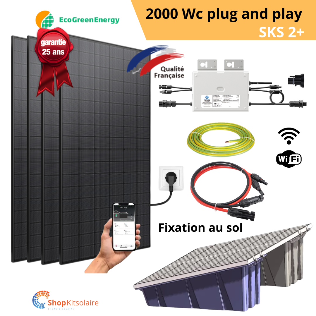 Kit solaire 2000Wc Plug and Play Full Black Bi-verre Eco Green Energy + MO EVT1000 Wifi + Bacs à lester sol