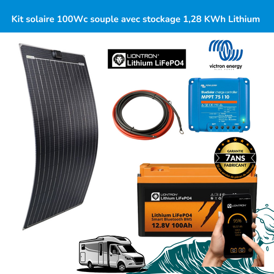 Kit solaire 100 Wc panneau souple Double ETFE avec stockage 1,28 KWh Lithium LIONTRON pour camping-cars, caravanes et bateaux