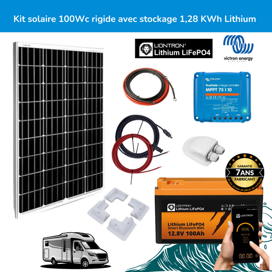 Kit solaire 100 Wc panneau rigide avec stockage 1,28 KWh Lithium LIONTRON pour camping-cars, caravanes et bateaux (Copie)